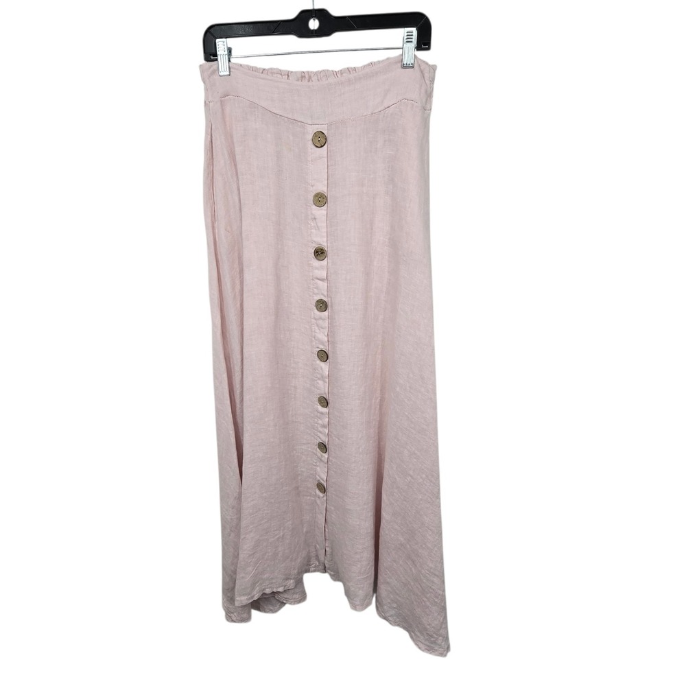 Tina Stephens Italy 100% Linen Maxi Skirt Women's M/L Pink Buttons Coquette Boho